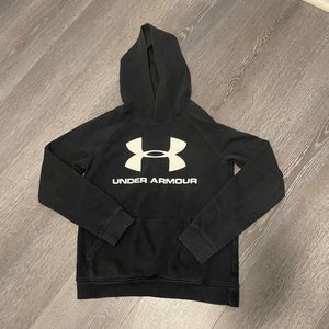 Under Armour Boys Medium LS Hoodie Pouch Pocket UA Armor Black White Logo